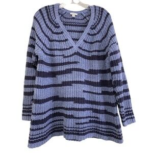 J Jill Sz XL Chucky Striped V Neck Sweater Blue 100% Cotton Cable Knit Cabincore